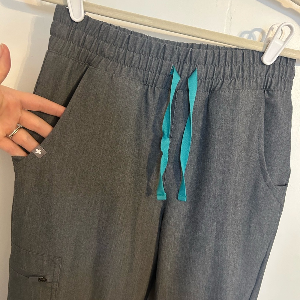 Figs Dark Gray Scrub Pants with Teal Drawstrings - Picture 2 of 9